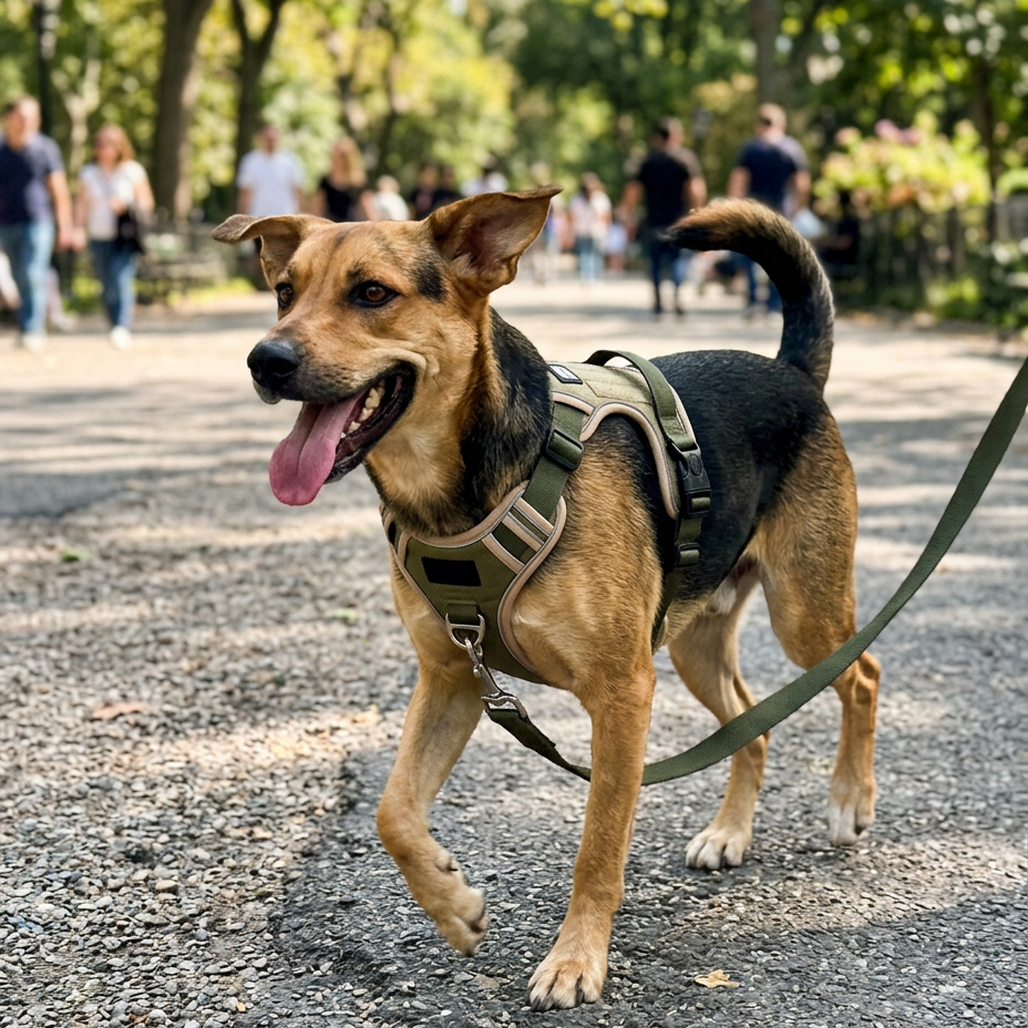 Dog trotting comfortably while wearing the TrekGrip harness