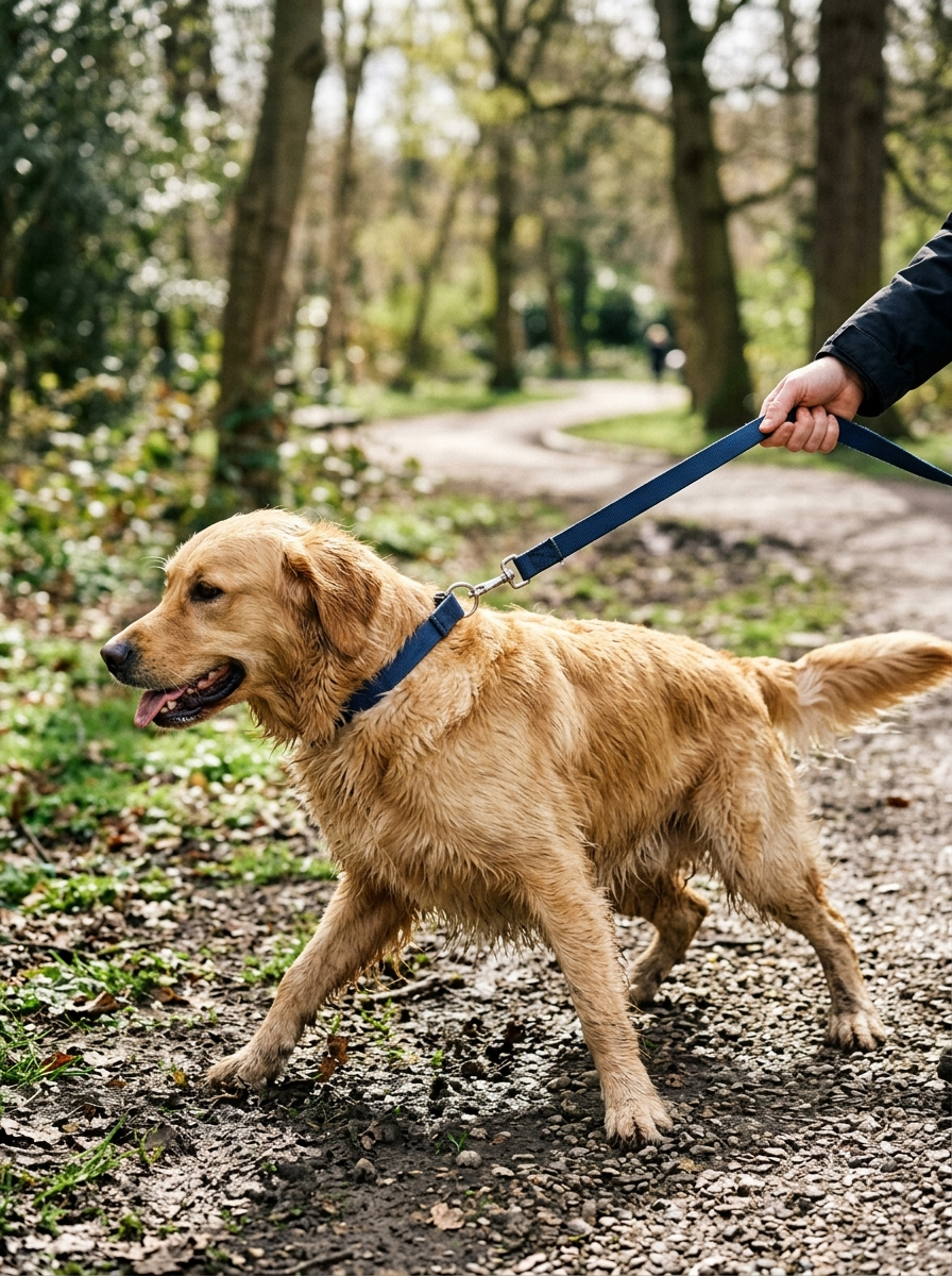 Dog straining and pulling hard on a regular collar — before TrekGrip