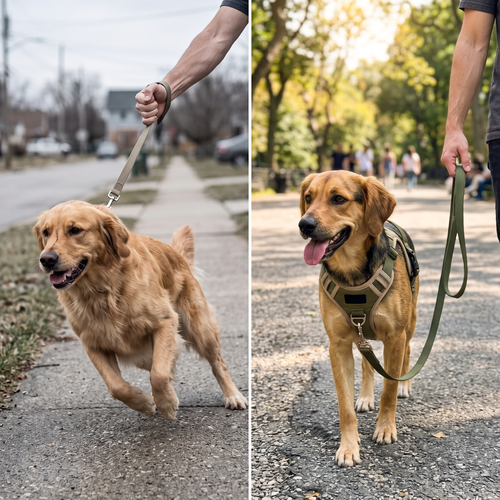 TrekGrip before and after — from tense pulling to a calm, controlled walk