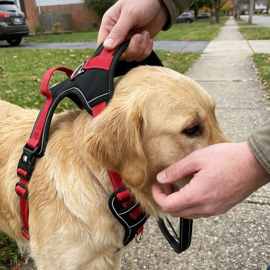 Step 1: slipping TrekGrip harness over dog's head